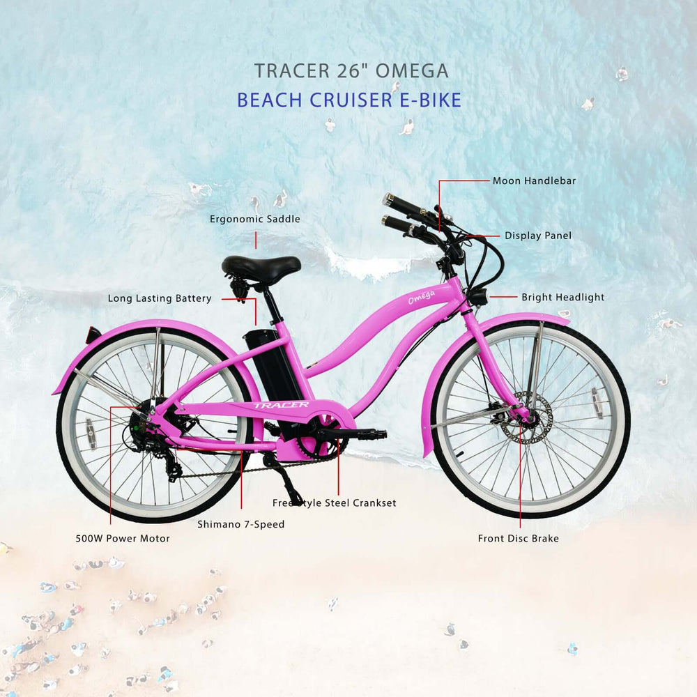 Tracer OMEGA Electric Bike 26" 7 Speed Beach Cruiser, Female Frame (EB-OMEGA-F)