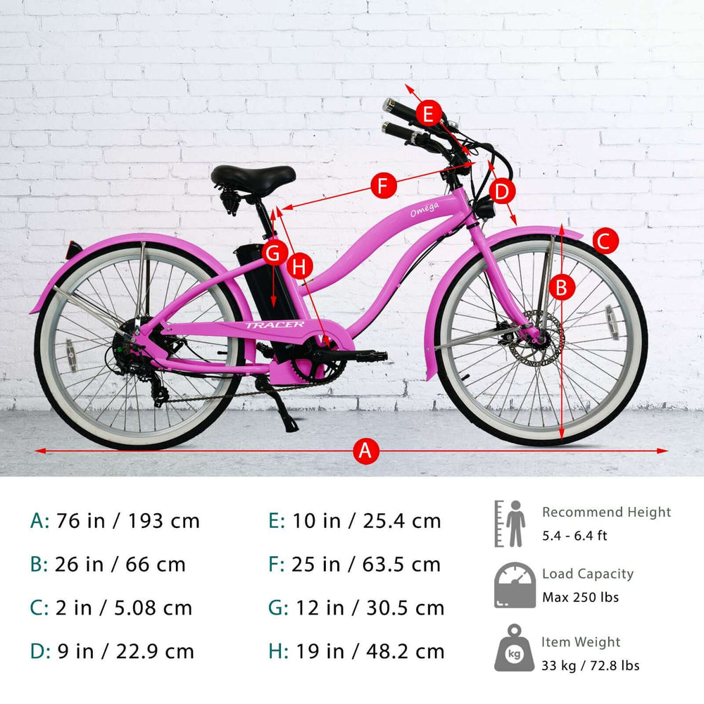 Tracer OMEGA Electric Bike 26" 7 Speed Beach Cruiser, Female Frame (EB-OMEGA-F)