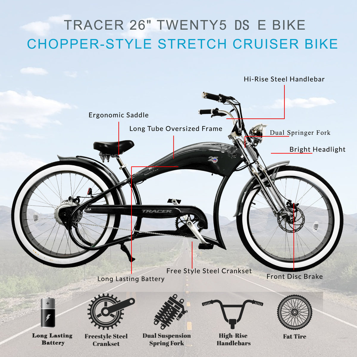 Tracer Twenty5 DS Electric Bikes 500W 26" Dual Springer Cruiser (EB-TWENTY5-DS)
