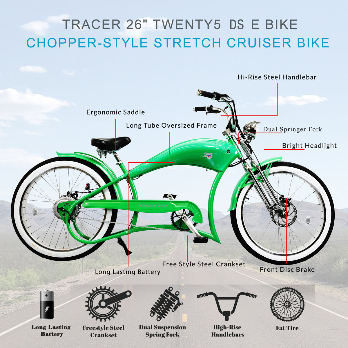 Tracer Twenty5 DS Electric Bikes 500W 26" Dual Springer Cruiser (EB-TWENTY5-DS)