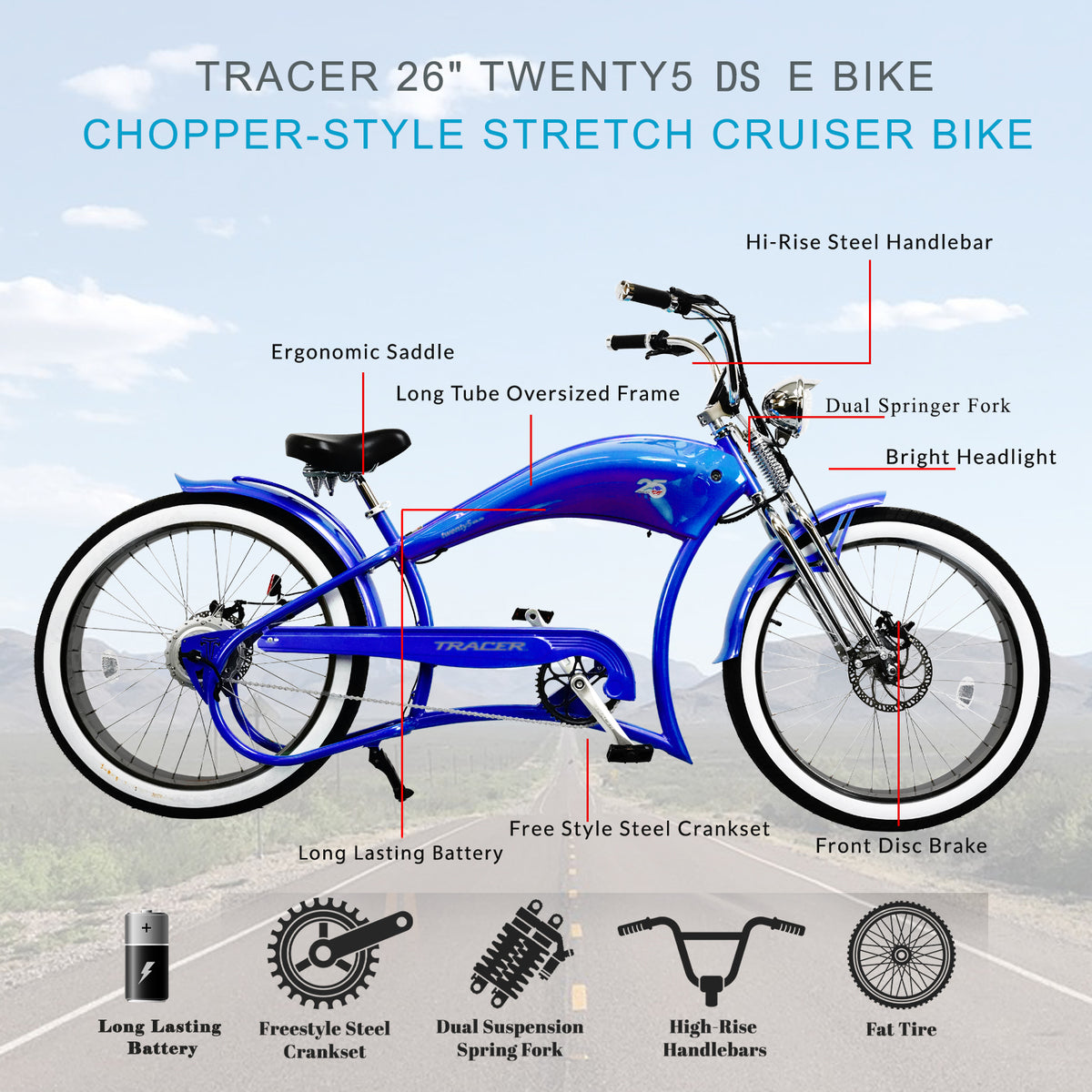 Tracer Twenty5 DS Electric Bikes 500W 26" Dual Springer Cruiser (EB-TWENTY5-DS)