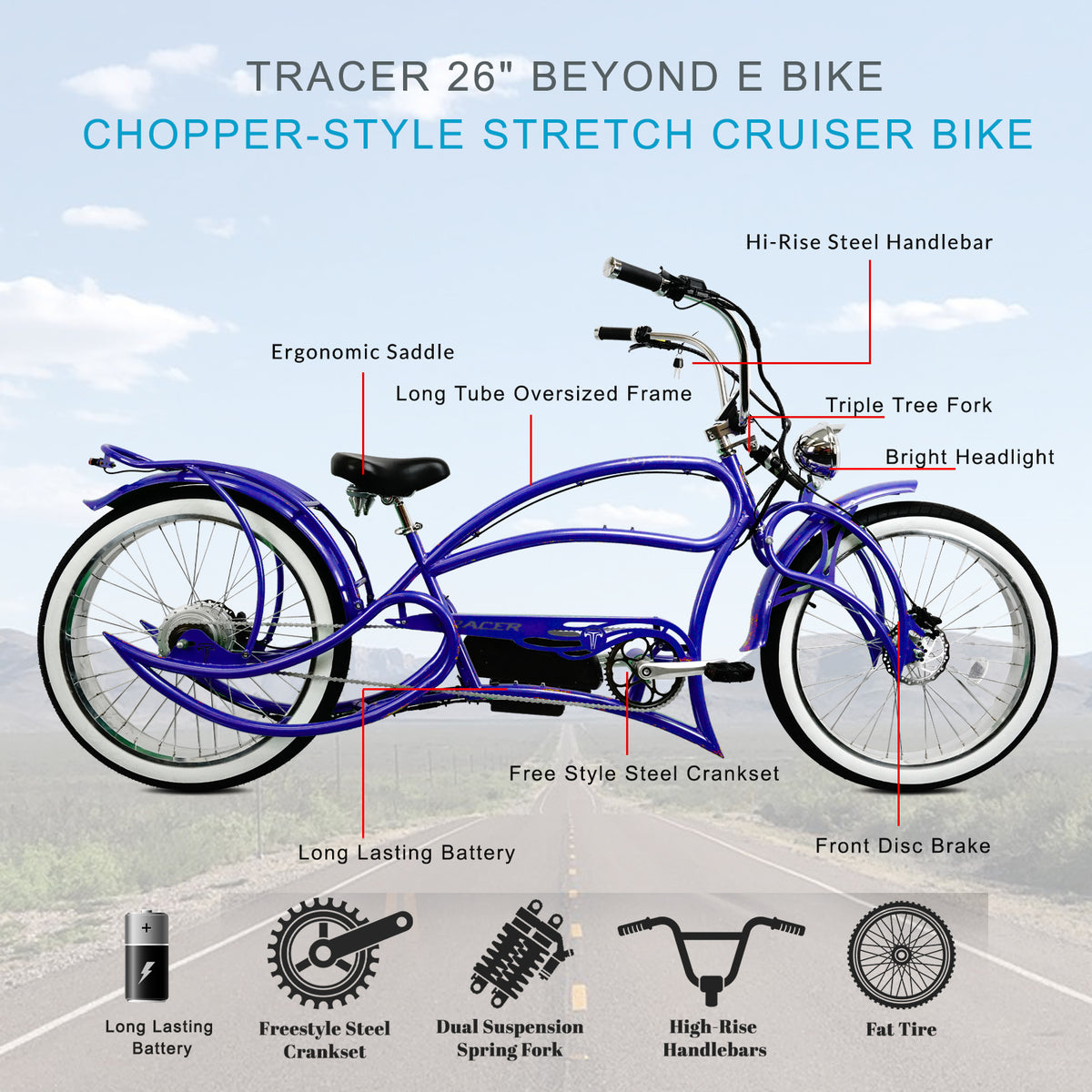 Tracer Beyond Pro Electric Bike 26'' Classic Stretch Chopper (EB-BEYOND PRO)