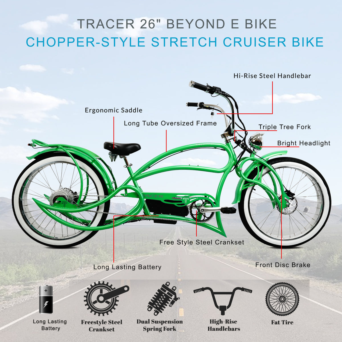 Tracer Beyond Pro Electric Bike 26'' Classic Stretch Chopper (EB-BEYOND PRO)