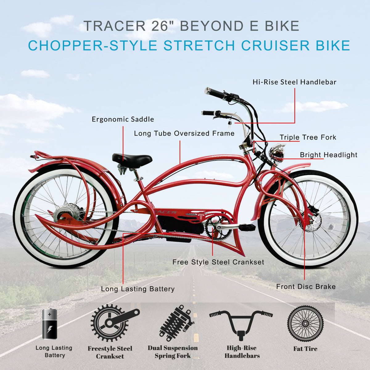 Tracer Beyond Pro Electric Bike 26'' Classic Stretch Chopper (EB-BEYOND PRO)