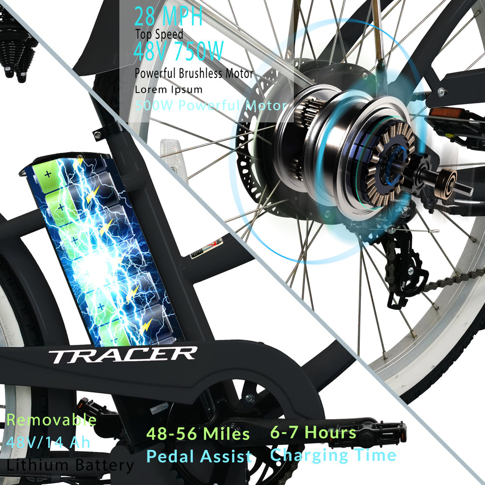 Tracer OMEGA Electric Bike 26" 7 Speed Beach Cruiser, Female Frame (EB-OMEGA-F)