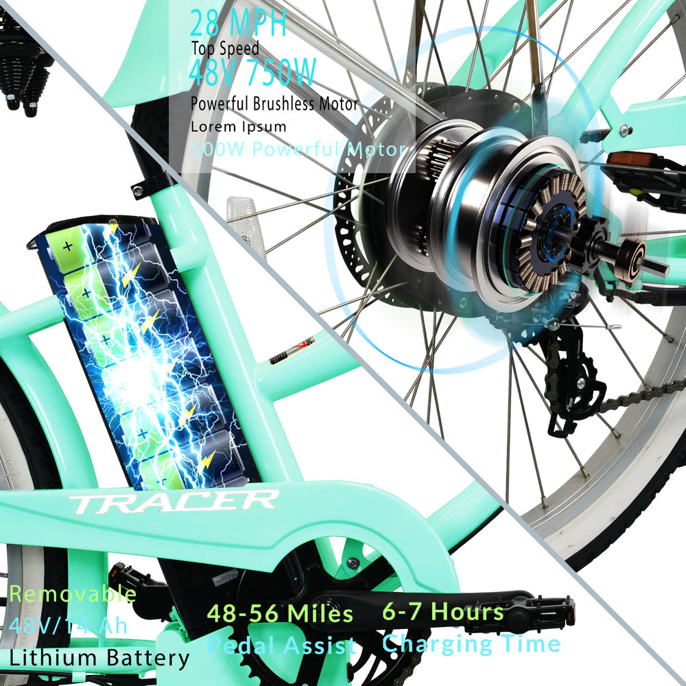 Tracer OMEGA Electric Bike 26" 7 Speed Beach Cruiser, Female Frame (EB-OMEGA-F)
