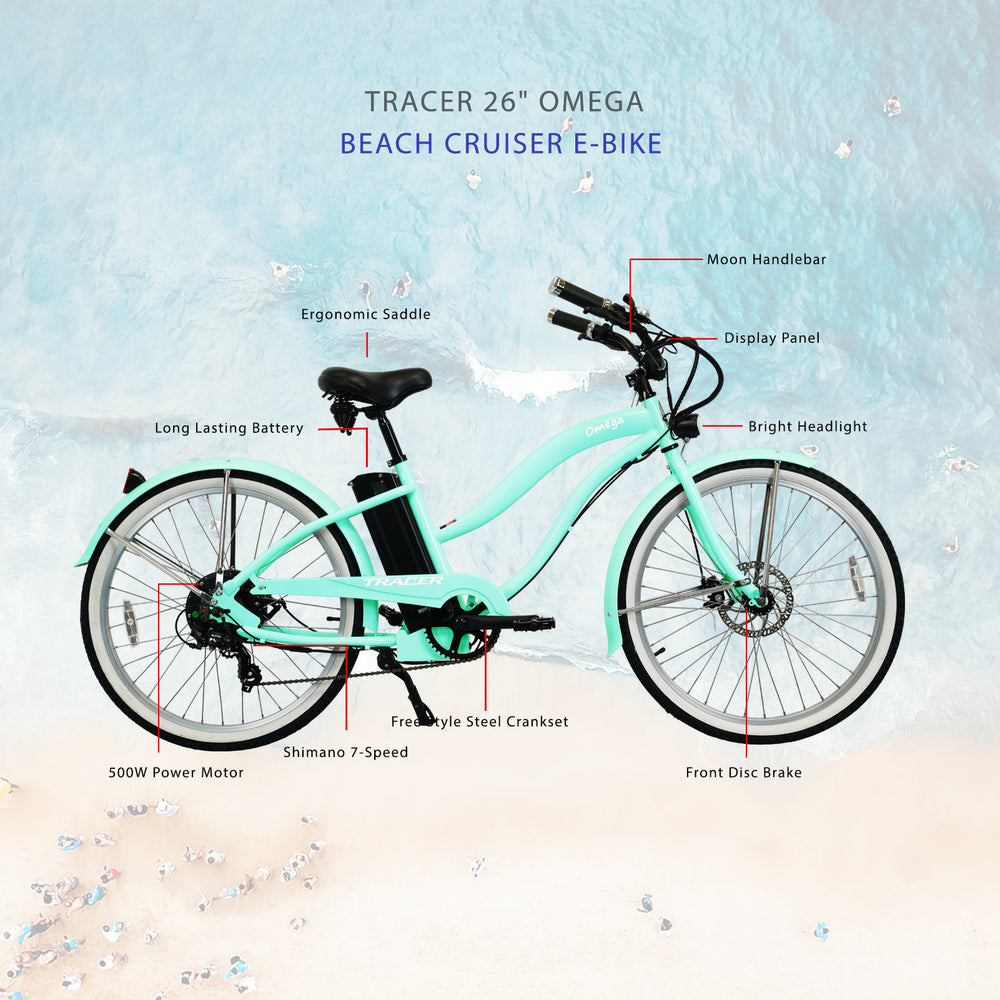 Tracer OMEGA Electric Bike 26" 7 Speed Beach Cruiser, Female Frame (EB-OMEGA-F)