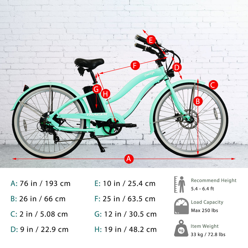 Tracer OMEGA Electric Bike 26" 7 Speed Beach Cruiser, Female Frame (EB-OMEGA-F)