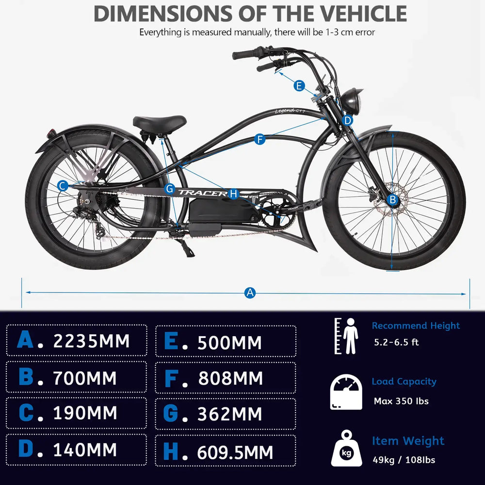 Tracer Legend GT7 Electric Bike 1000W Stretch Cruiser Chopper (EB-LEGEND GT7)