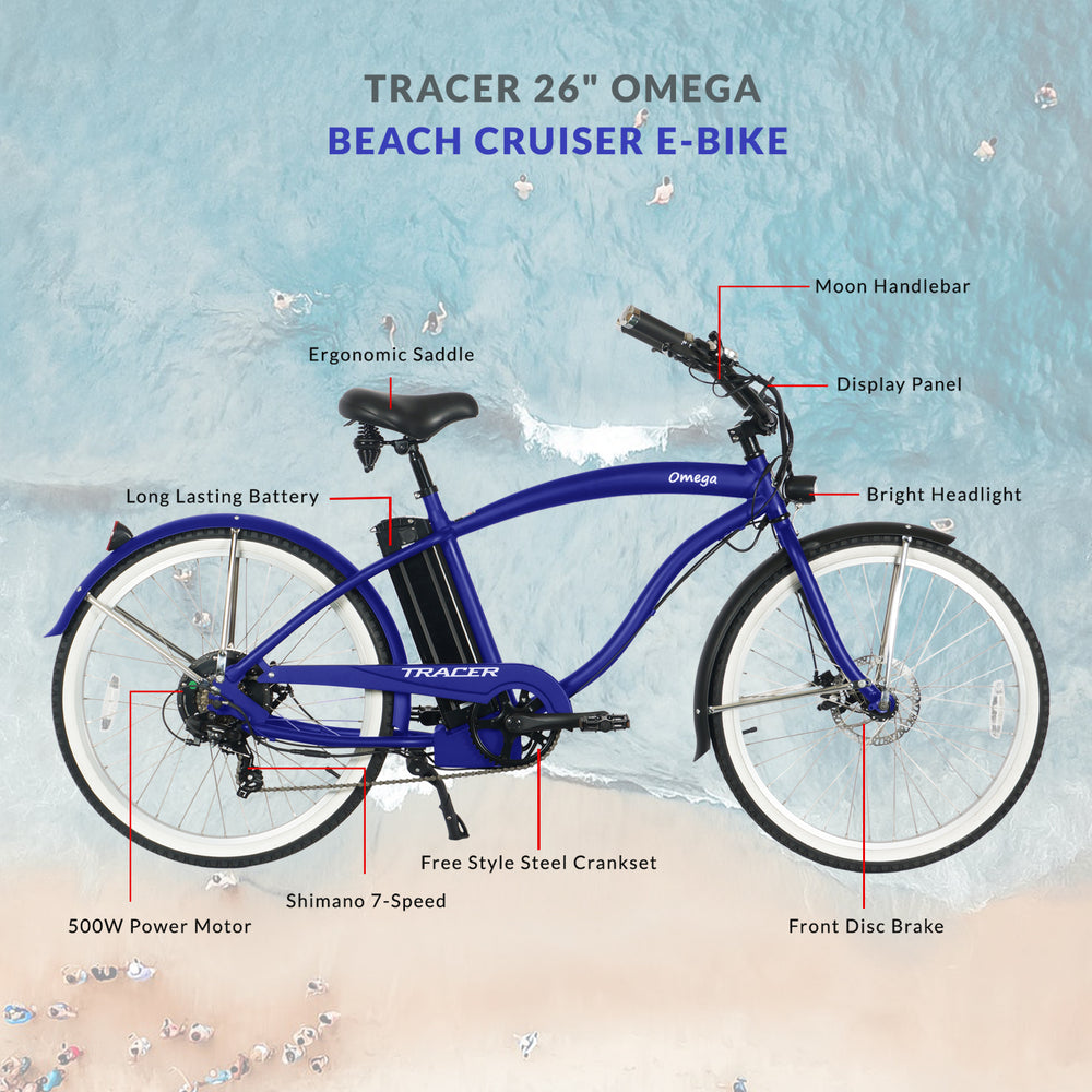 Tracer OMEGA Electric Bike 26" 7 Speed Beach Cruiser, Male Frame (EB-OMEGA-M)