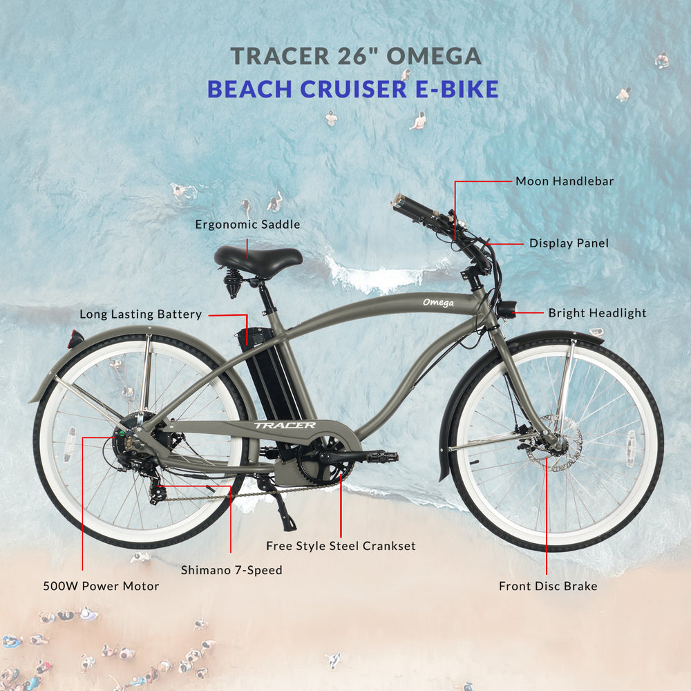 Tracer OMEGA Electric Bike 26" 7 Speed Beach Cruiser, Male Frame (EB-OMEGA-M)