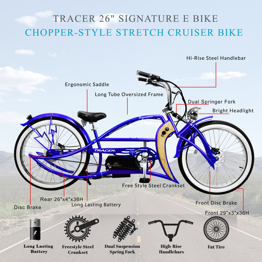 Tracer Signature Pro Electric Bike 26'' 800W Chopper Cruiser w/ Cigarette Lighter & USB Charging Port (EB-Signature Pro)
