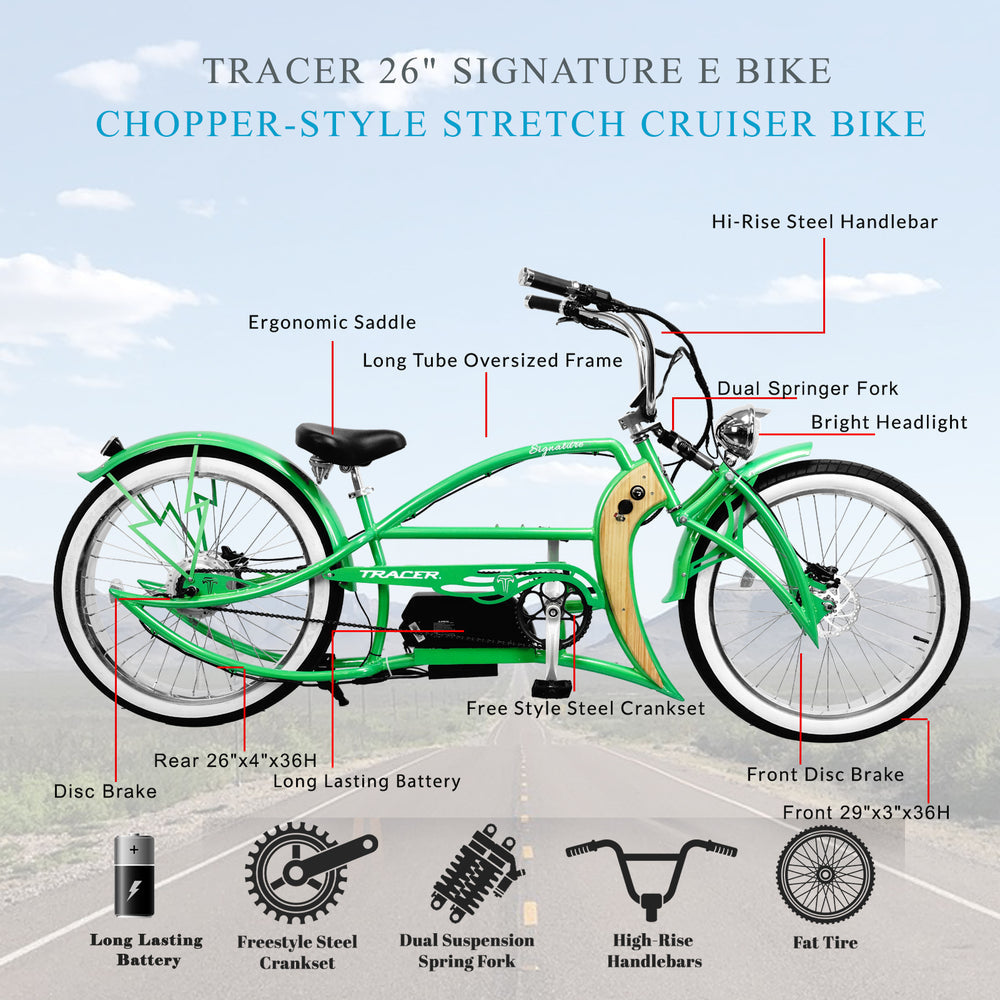 Tracer Signature Pro Electric Bike 26'' 800W Chopper Cruiser w/ Cigarette Lighter & USB Charging Port (EB-Signature Pro)