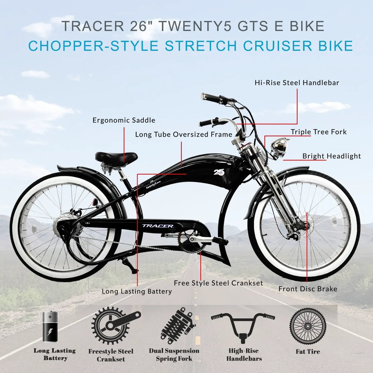 Tracer Twenty5 GTS Electric Bike 500W 26" Cruiser (EB-TWENTY5-GTS)