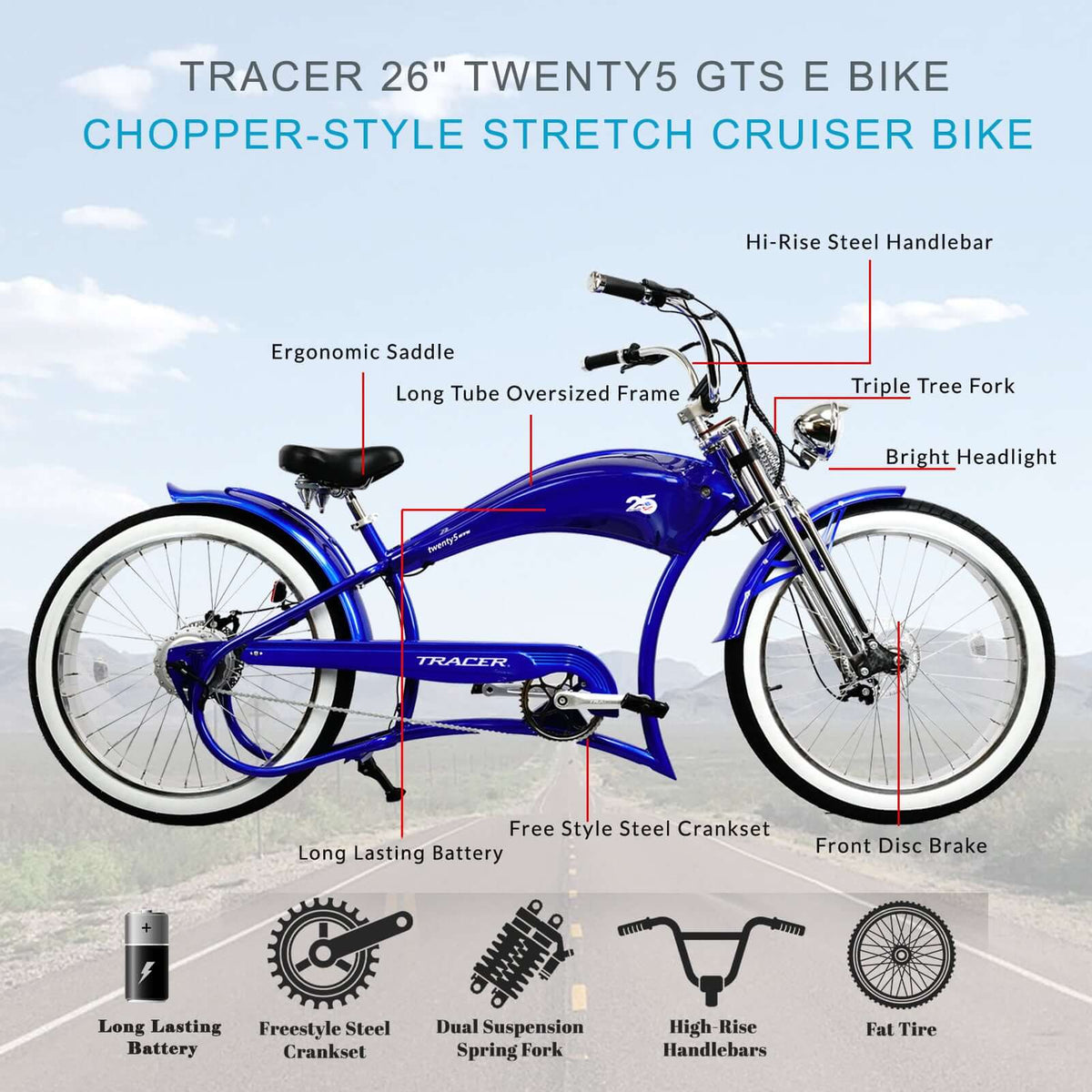 Tracer Twenty5 GTS Electric Bike 500W 26" Cruiser (EB-TWENTY5-GTS)