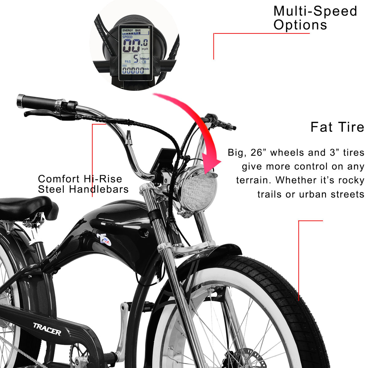 Tracer Twenty5 GT Electric Bike 500W 26" Chopper Cruiser (EB-TWENTY5-GT)