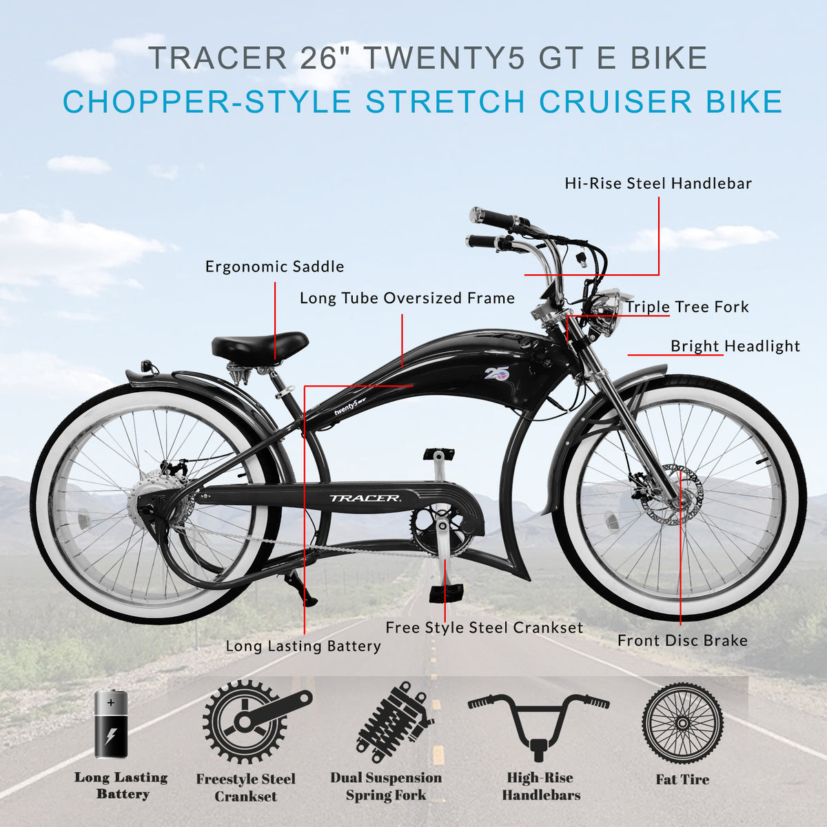 Tracer Twenty5 GT Electric Bike 500W 26" Chopper Cruiser (EB-TWENTY5-GT)